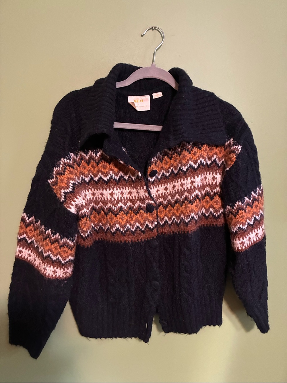 Maeve Black Fair Isle Button-Front Cardigan with Rust and Cream Accents - Picture 2 of 5